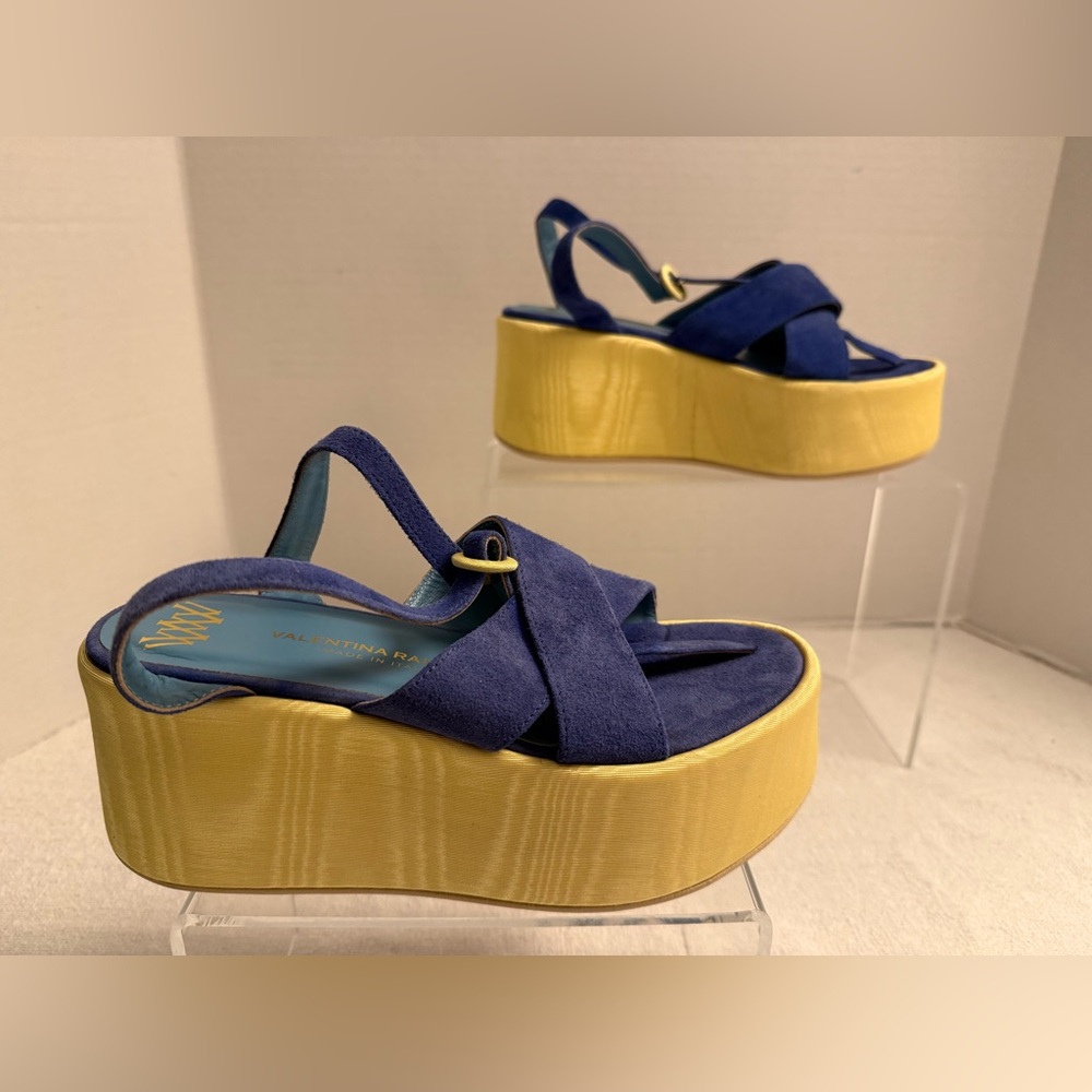 Valentina Rangoni Platform Sandals Italian Designer Cobalt Blue & Gold Size 7 - Picture 3 of 10